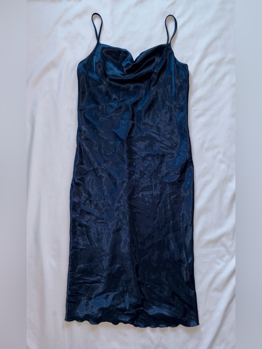 Bebe Vintage Y2K Navy Satin Slip Dress Cowl Neck Made In USA S 90s Midi